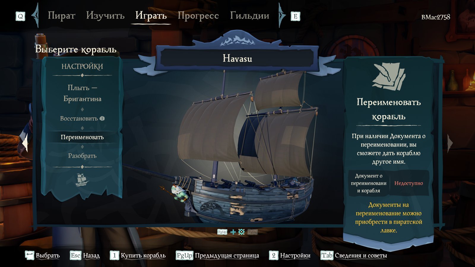 Sea of Thieves ship-selection screen (Выберите корабль) with the Переименовать (Rename) sidebar item selected, showing the Переименовать корабль panel on the right